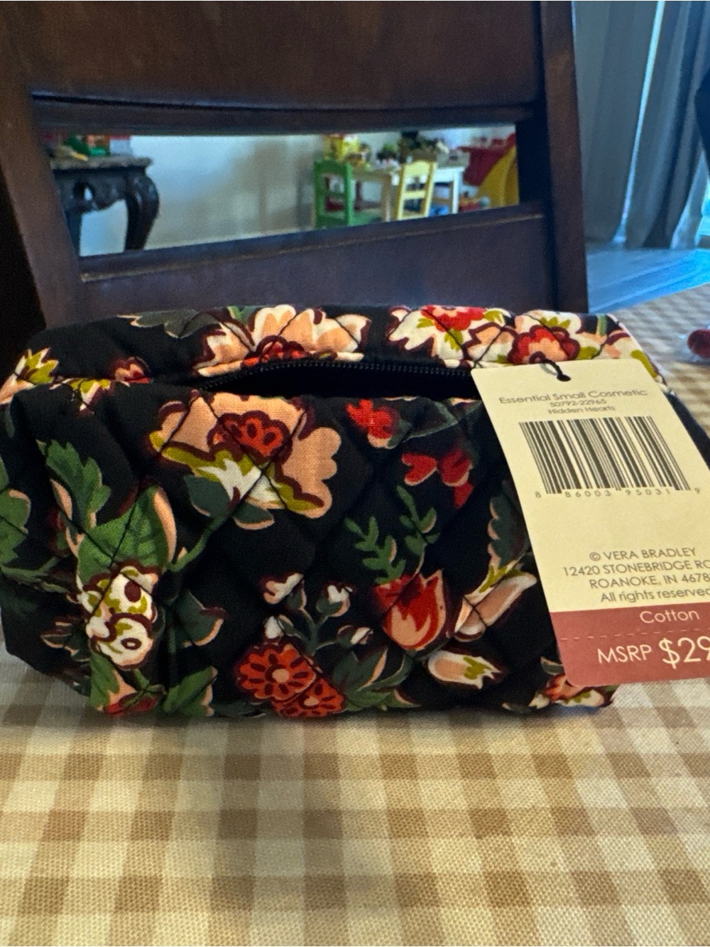 Vera Bradley Black Floral Quilted Cosmetic Pouch with Multicolor Flowers